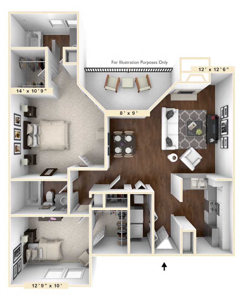 Floor plan for 2 beds, 2 baths, 1014 sqft